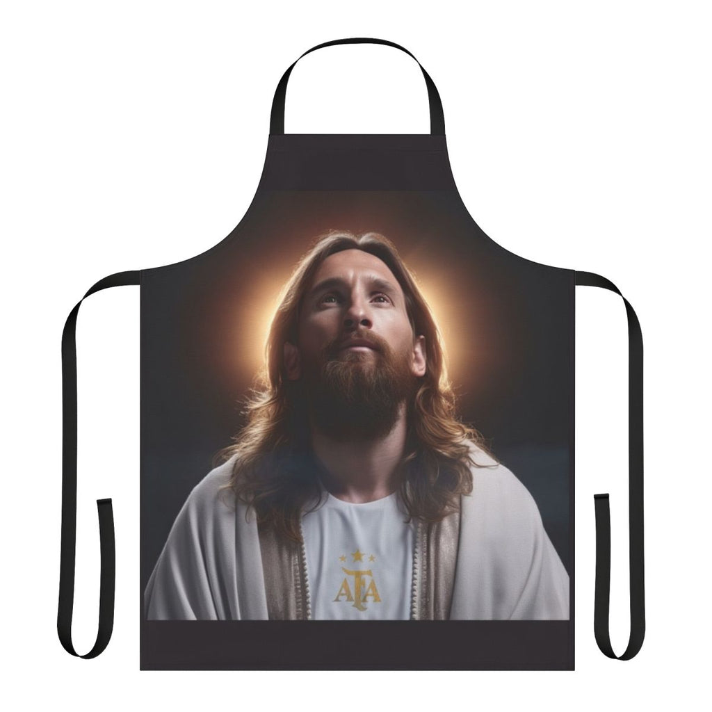 Lionel Messi inspired cooking apron with soccer and "GOAT" graphics