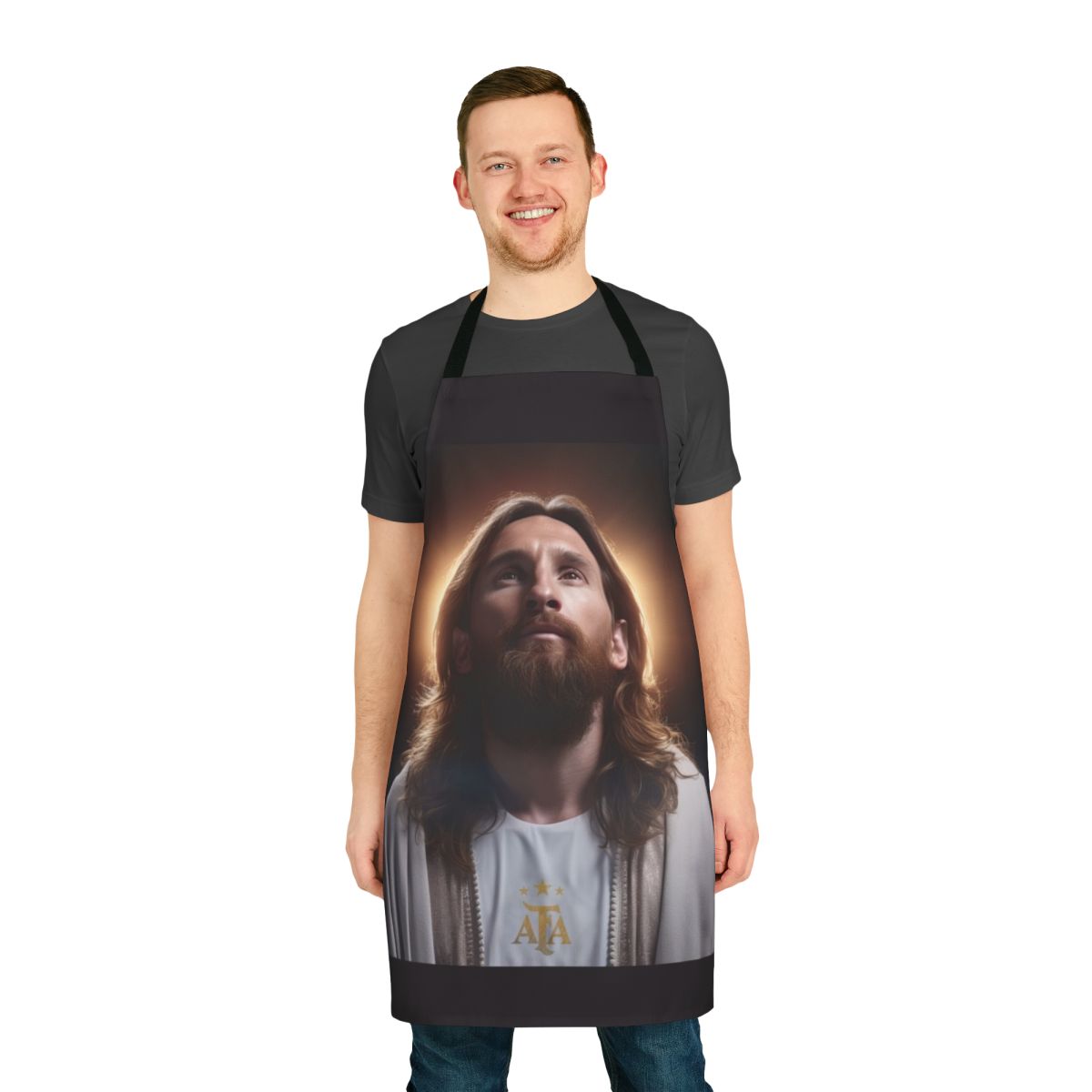 Lionel Messi inspired cooking apron with soccer and "GOAT" graphics