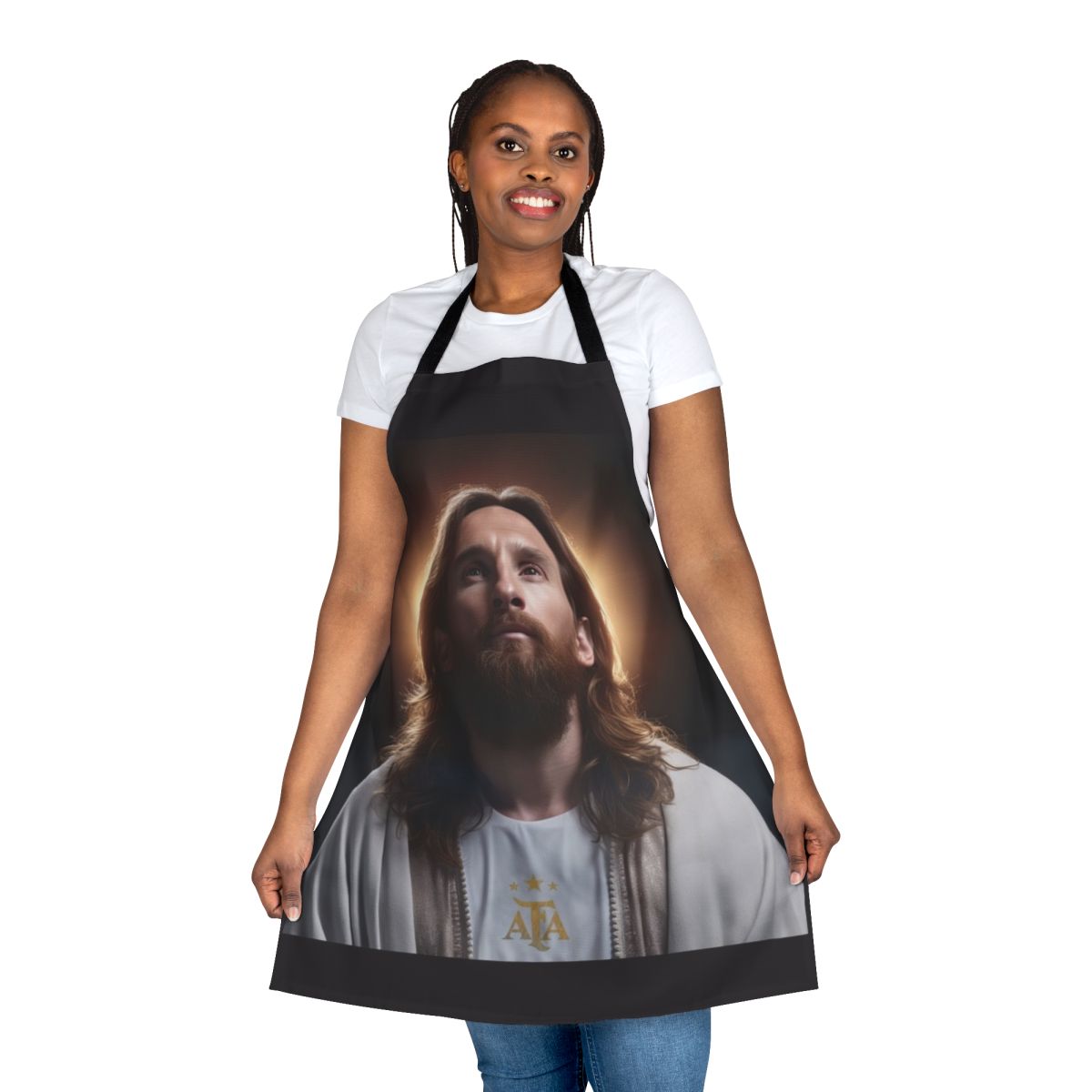 Lionel Messi inspired cooking apron with soccer and "GOAT" graphics