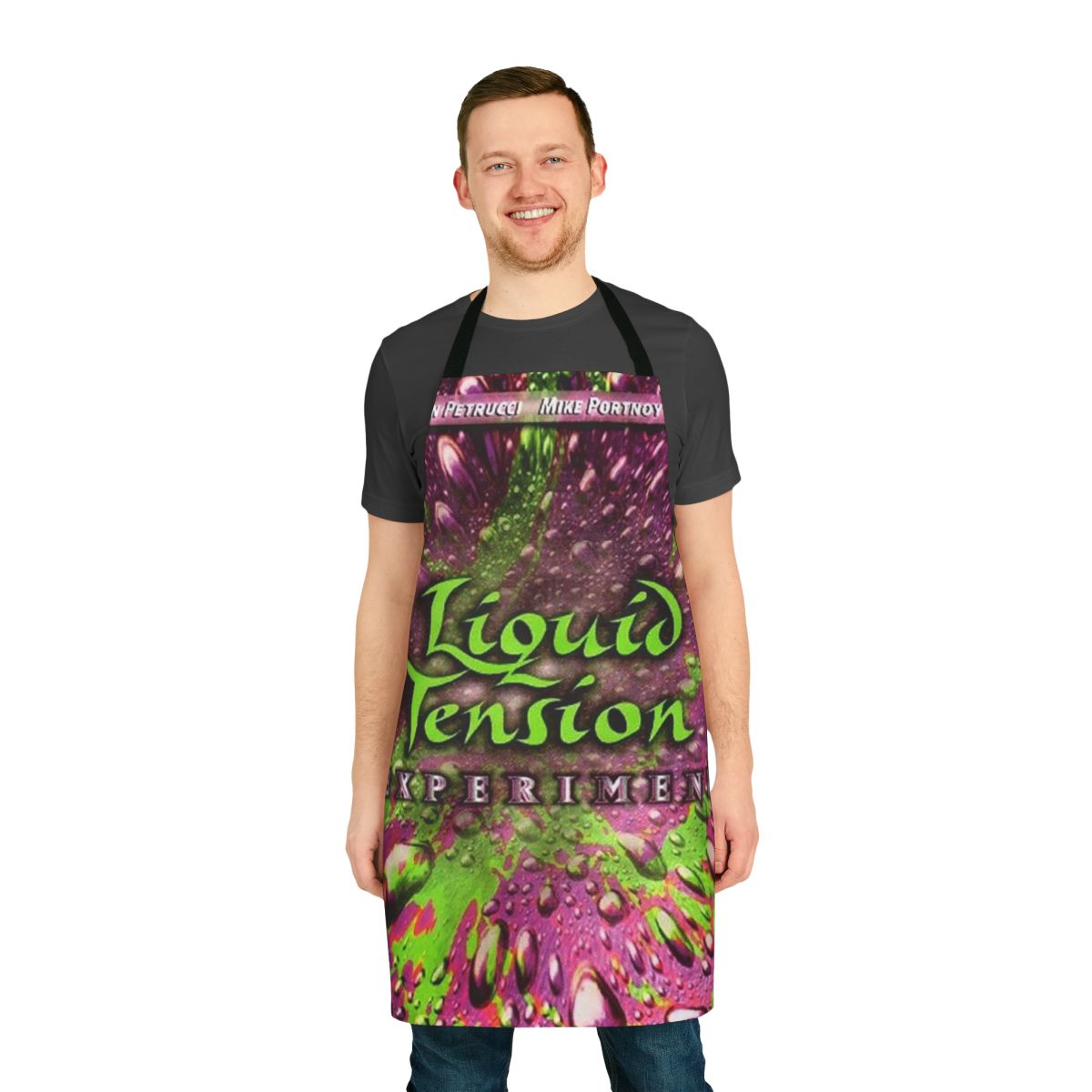 Liquid Tension Experiment-themed apron with the band's logo and members