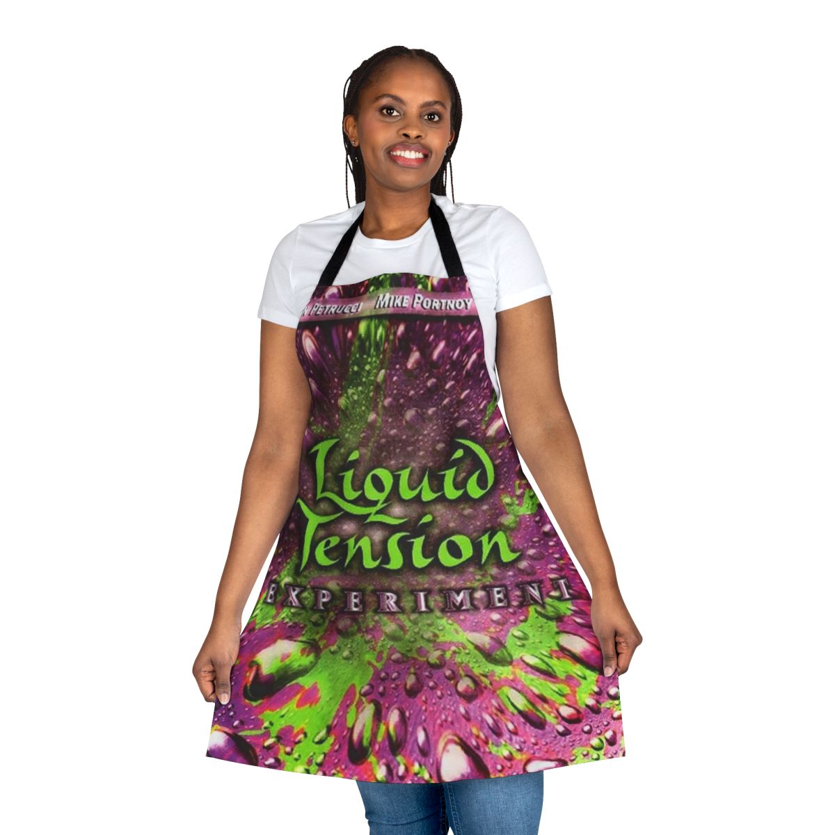 Liquid Tension Experiment-themed apron with the band's logo and members