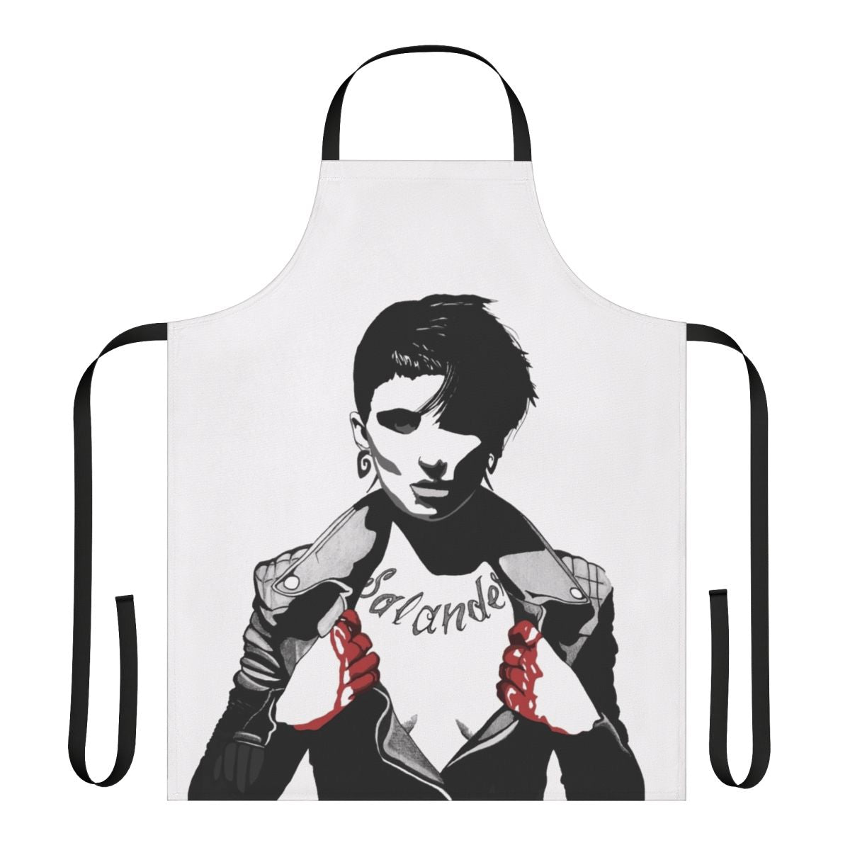Lisbeth Salander inspired light apron featuring a portrait design with blood and ink elements