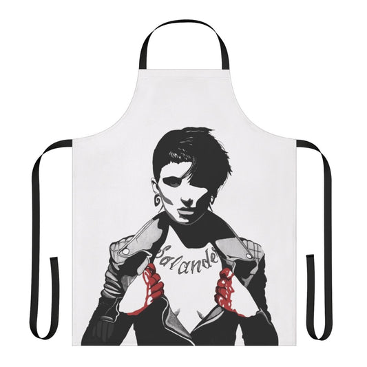 Lisbeth Salander inspired light apron featuring a portrait design with blood and ink elements