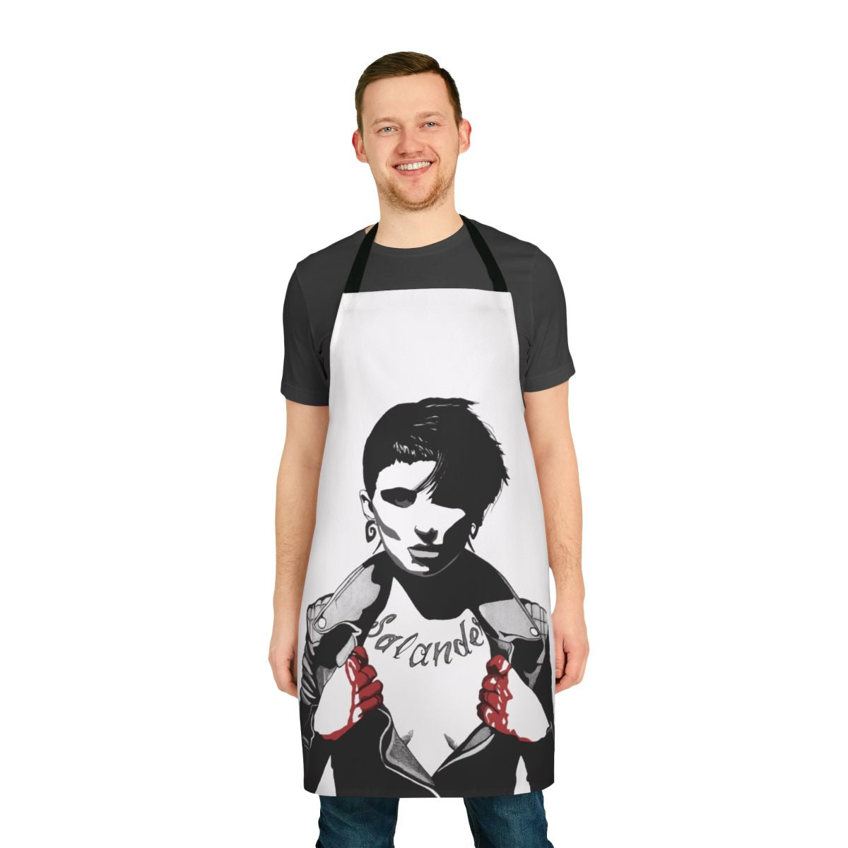 Lisbeth Salander inspired light apron featuring a portrait design with blood and ink elements