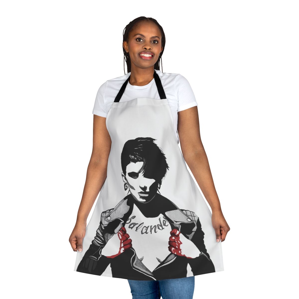 Lisbeth Salander inspired light apron featuring a portrait design with blood and ink elements
