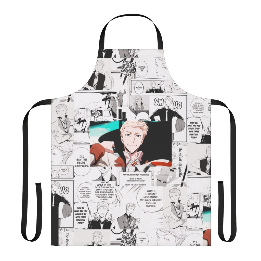Apron featuring a collage of literary elements and references to F. Scott Fitzgerald's works.