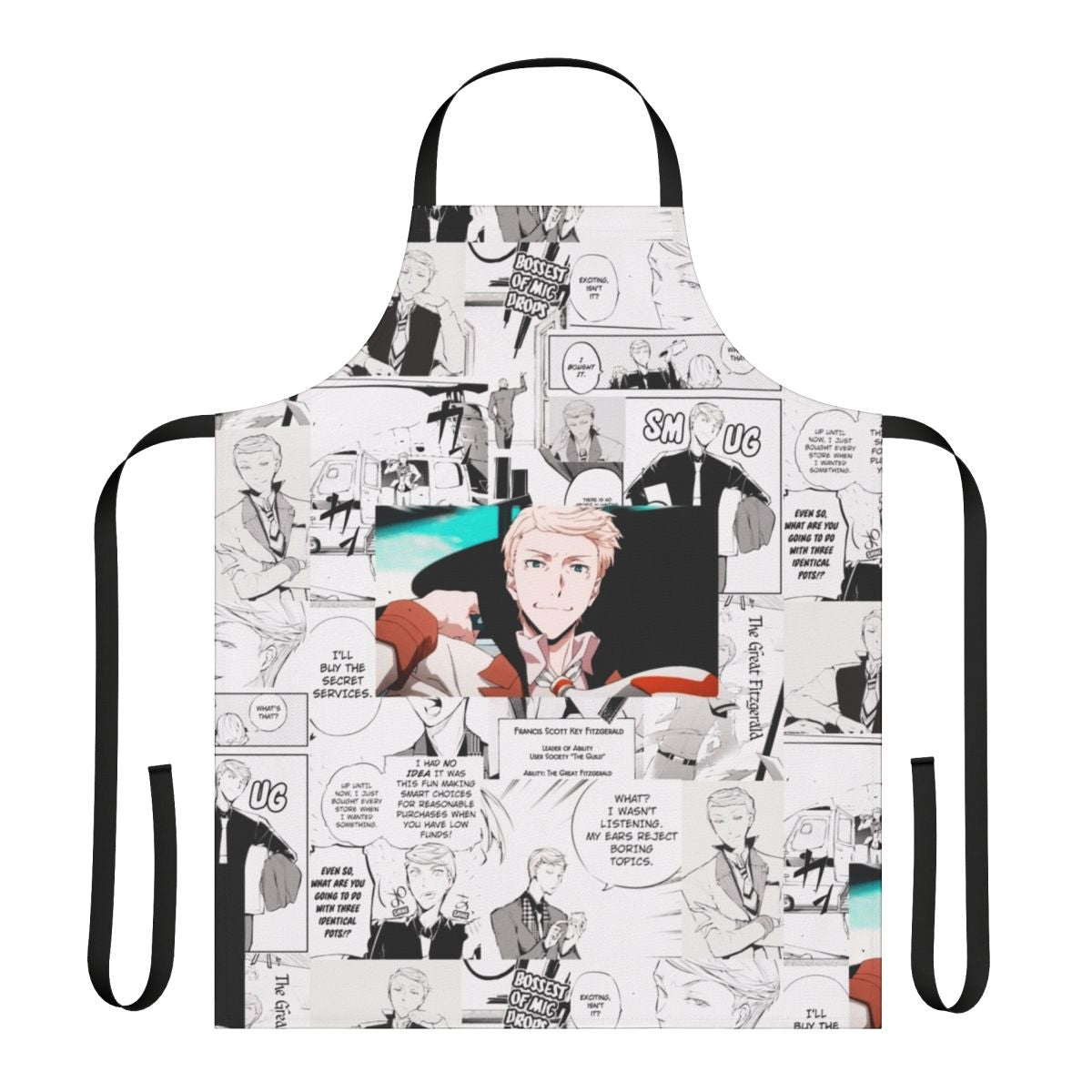 Apron featuring a collage of literary elements and references to F. Scott Fitzgerald's works.