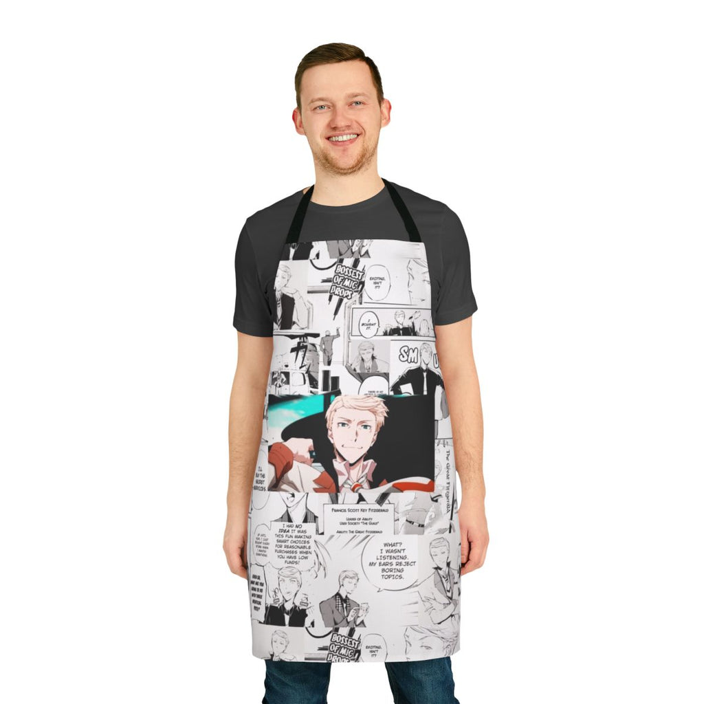 Apron featuring a collage of literary elements and references to F. Scott Fitzgerald's works.
