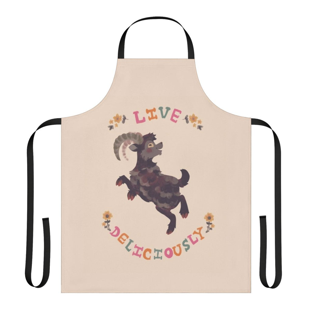 A witch-themed apron with a goat design, perfect for fall and Halloween cooking