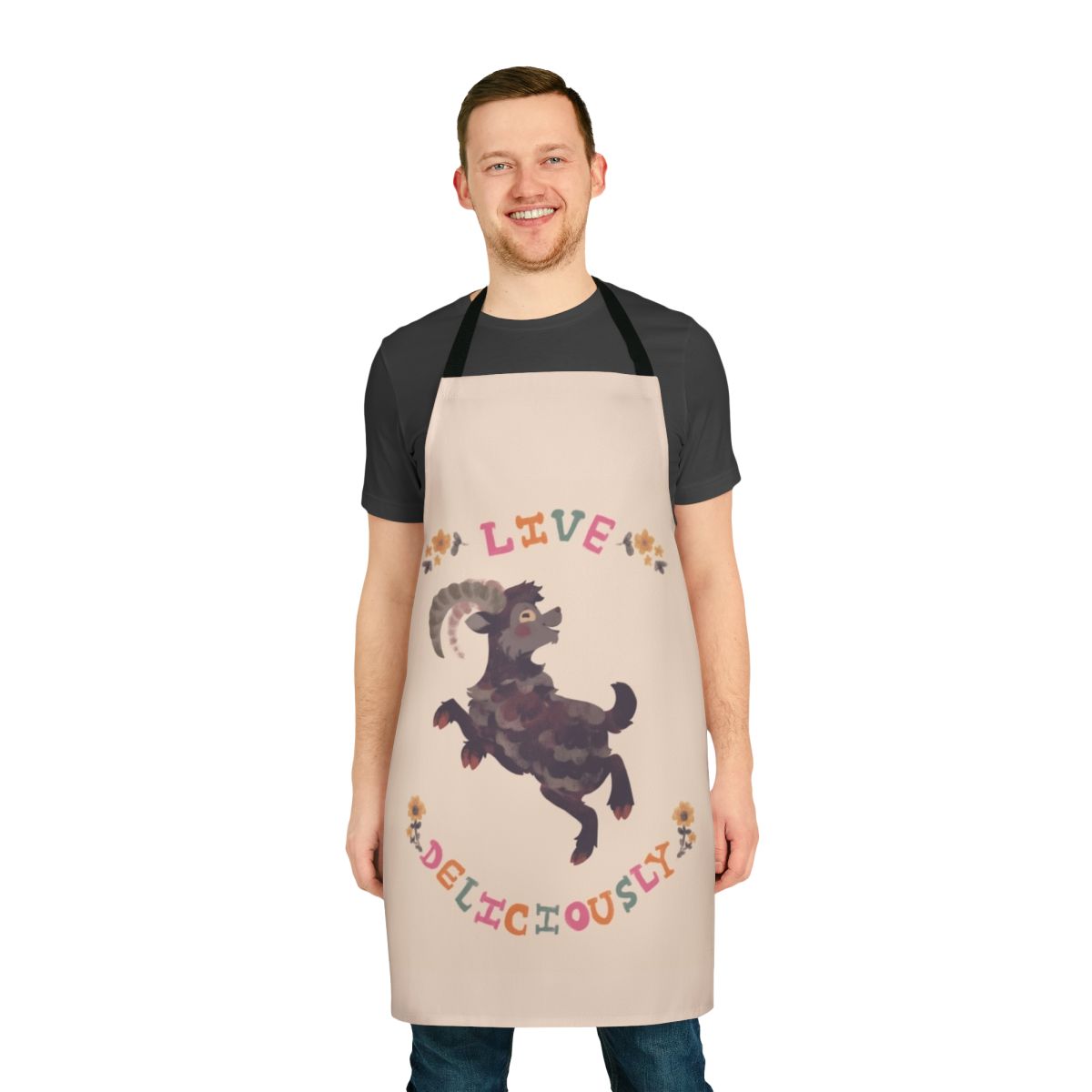 A witch-themed apron with a goat design, perfect for fall and Halloween cooking