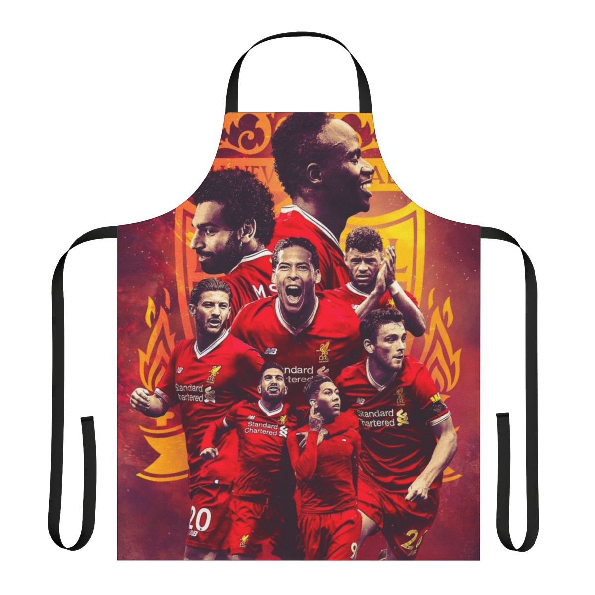 A high-quality apron featuring the Liverpool FC squad, including stars like Mohamed Salah, Sadio Mane, Roberto Firmino, and Virgil van Dijk.