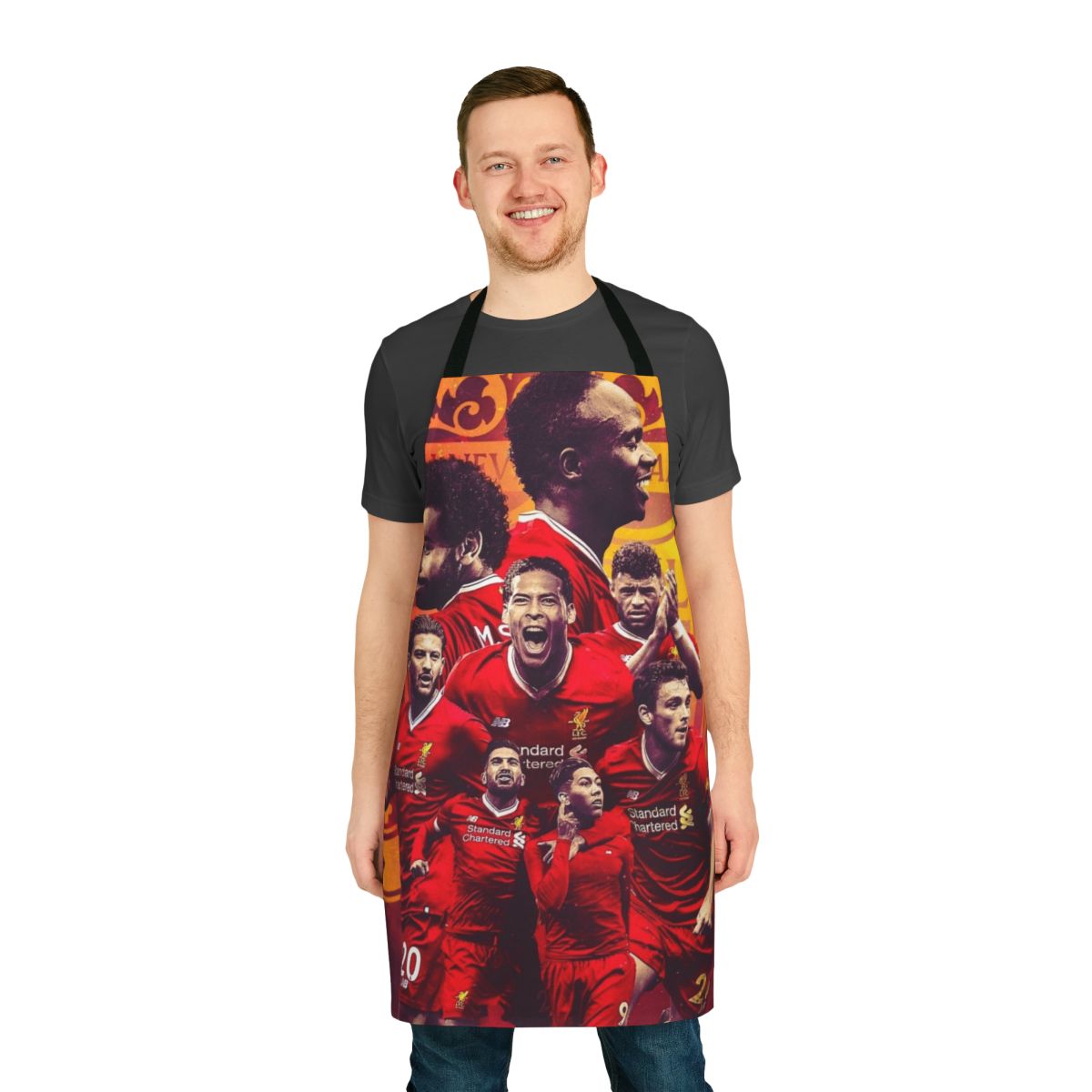 A high-quality apron featuring the Liverpool FC squad, including stars like Mohamed Salah, Sadio Mane, Roberto Firmino, and Virgil van Dijk.