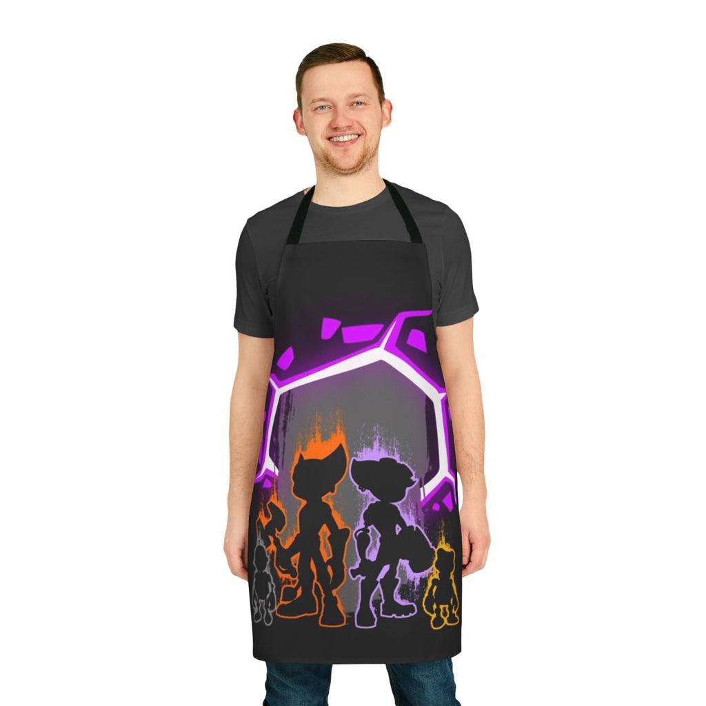 A high-quality apron featuring a stylized design inspired by the characters and world of the Ratchet & Clank: Rift Apart video game.