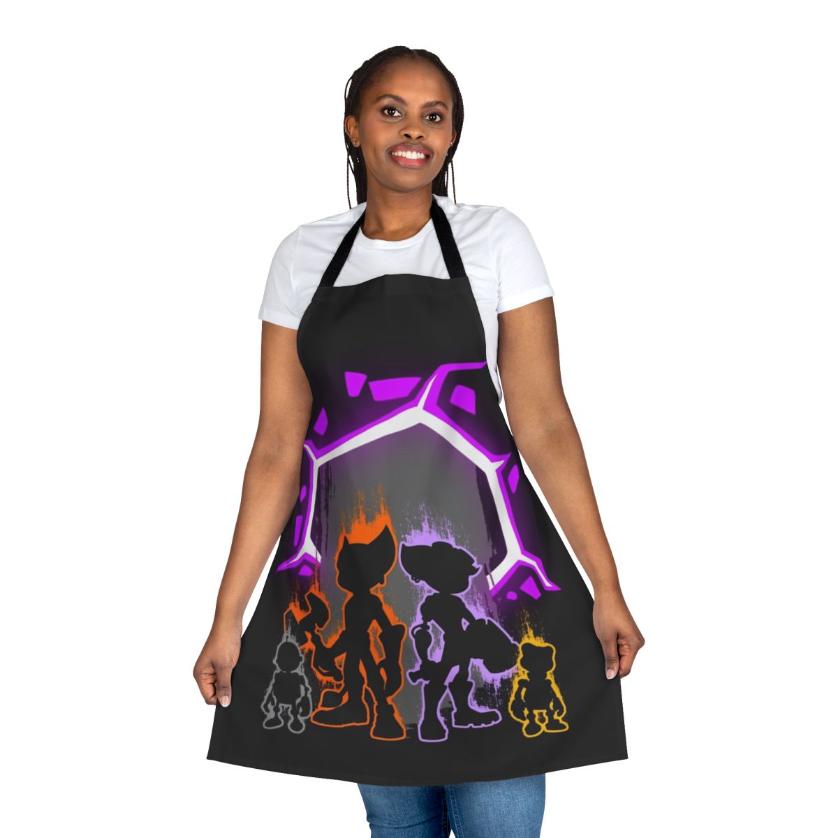 A high-quality apron featuring a stylized design inspired by the characters and world of the Ratchet & Clank: Rift Apart video game.