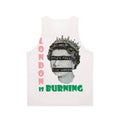 Unisex tank top with "London Is Burning" design, inspired by The Clash and Joe Strummer