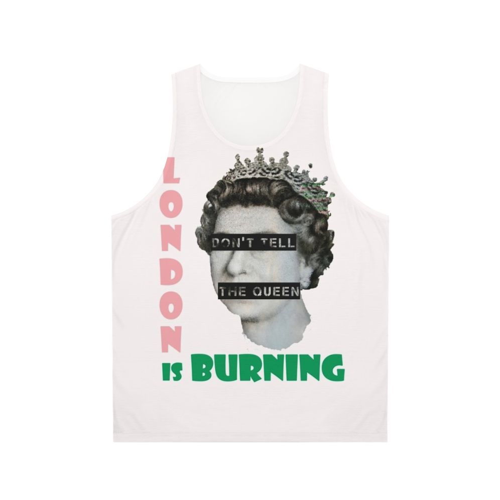 Unisex tank top with "London Is Burning" design, inspired by The Clash and Joe Strummer