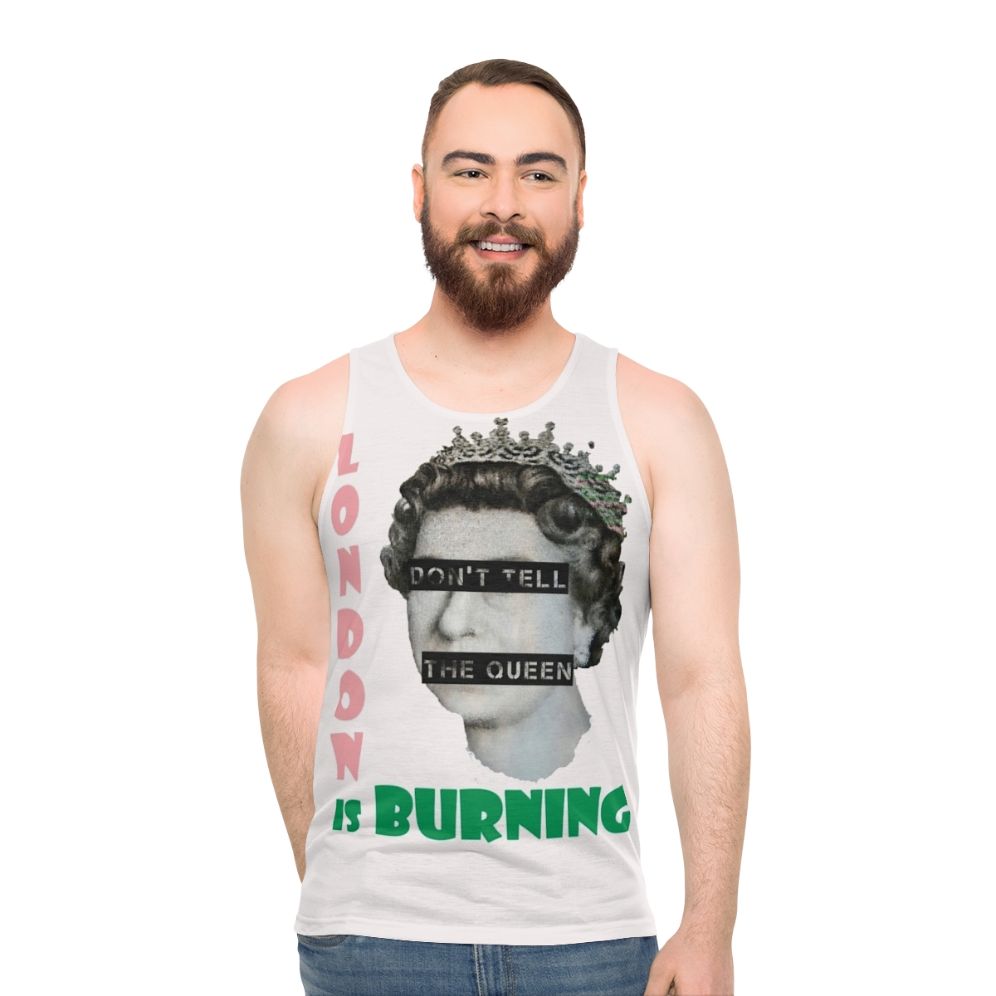Unisex tank top with "London Is Burning" design, inspired by The Clash and Joe Strummer