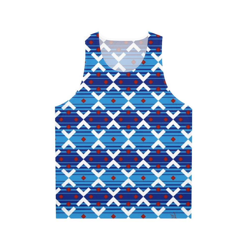 Vintage-style blue unisex tank top with London Underground train seat cover design