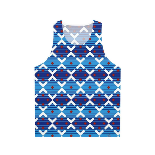 Vintage-style blue unisex tank top with London Underground train seat cover design