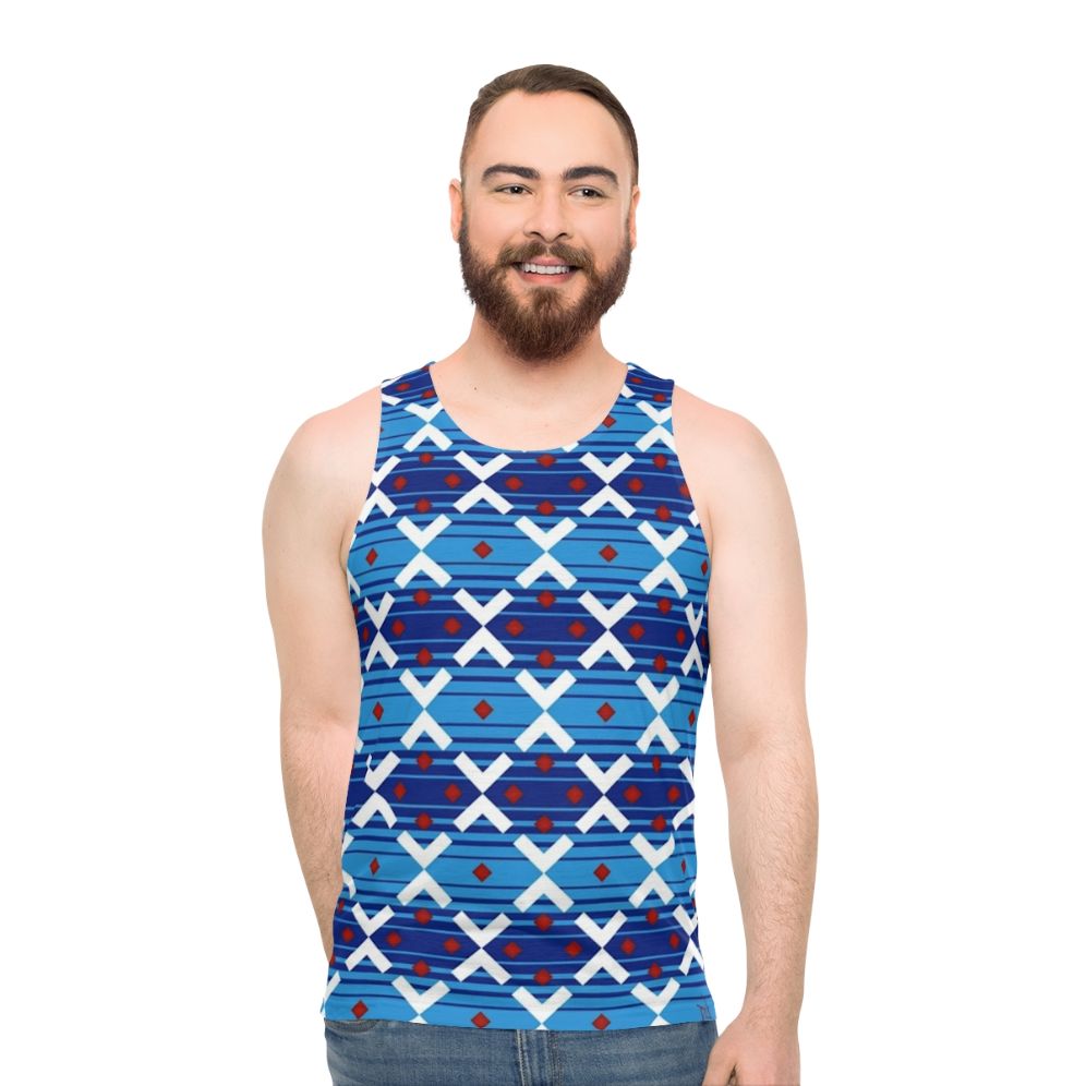 Vintage-style blue unisex tank top with London Underground train seat cover design