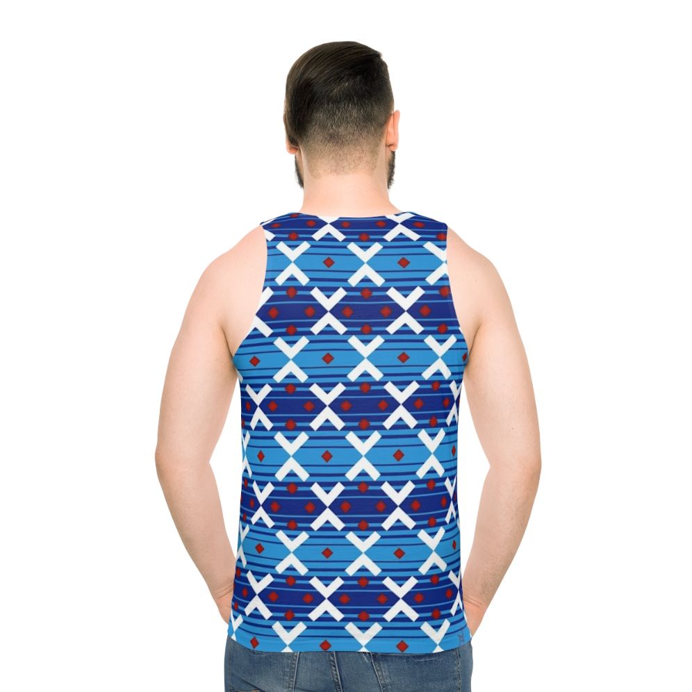 Vintage-style blue unisex tank top with London Underground train seat cover design
