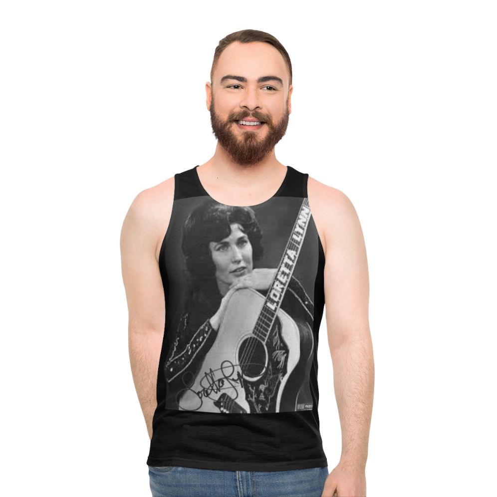 Vintage photo of Loretta Lynn, country music legend, on a unisex tank top