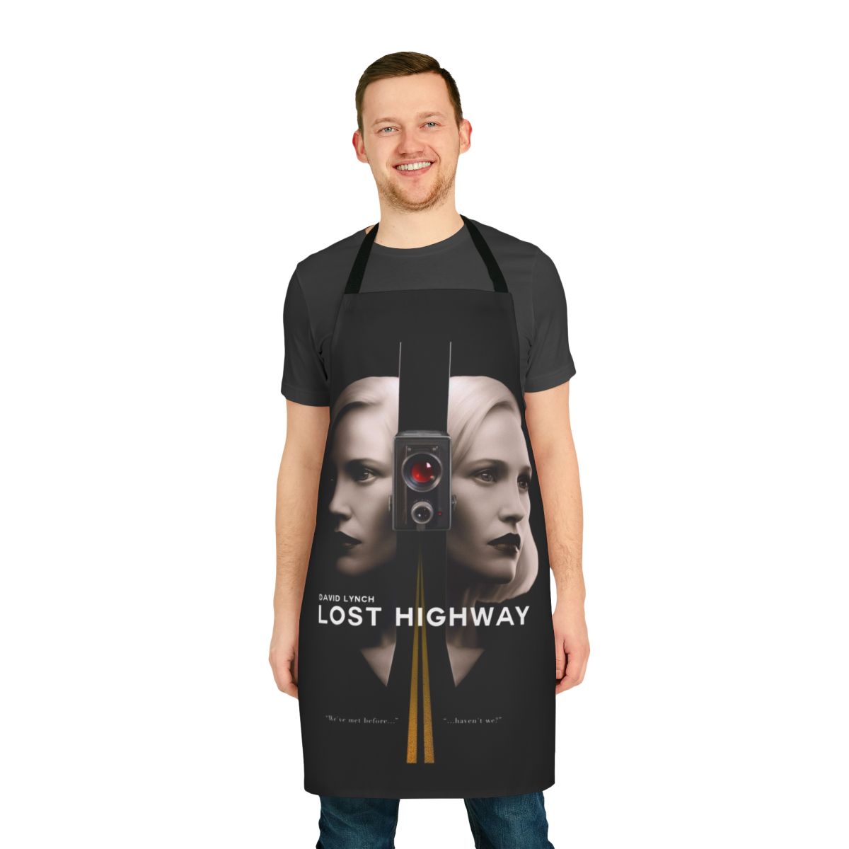 "Lost Highway movie-inspired apron featuring a stylized design"