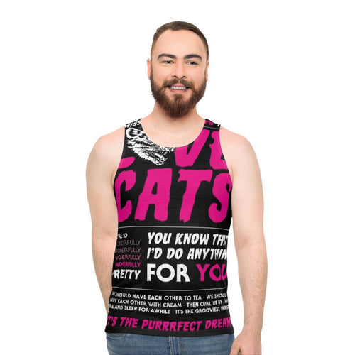 Unisex 'Love Cats' tank top featuring a graphic design with a cat and The Cure-inspired typography