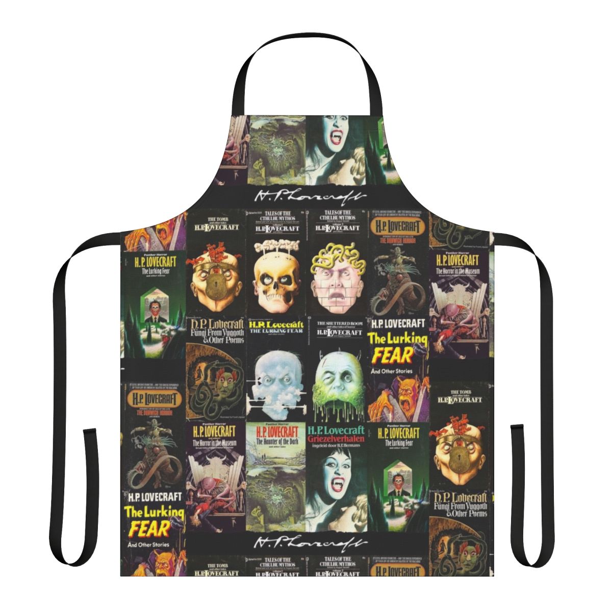 Lovecraft-inspired apron featuring vintage horror book cover design