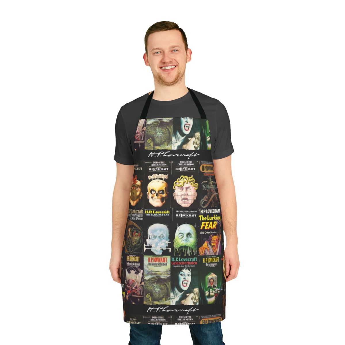 Lovecraft-inspired apron featuring vintage horror book cover design