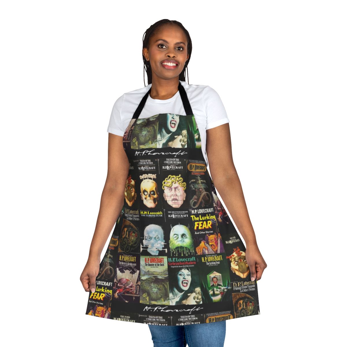 Lovecraft-inspired apron featuring vintage horror book cover design