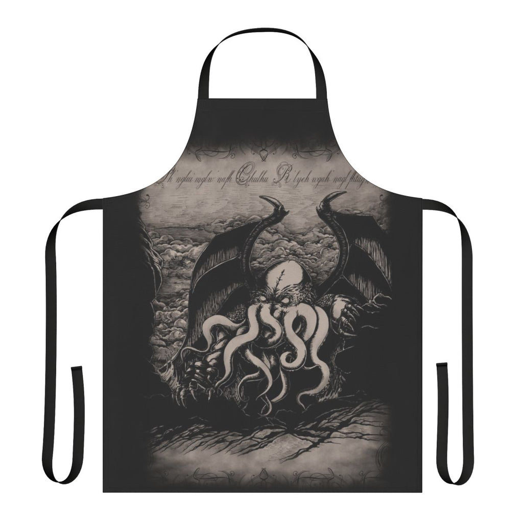 Handmade apron featuring Lovecraftian-inspired design with tentacles, Elder God, and cosmic horror elements.