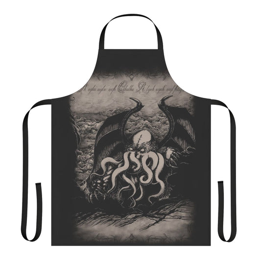 Handmade apron featuring Lovecraftian-inspired design with tentacles, Elder God, and cosmic horror elements.