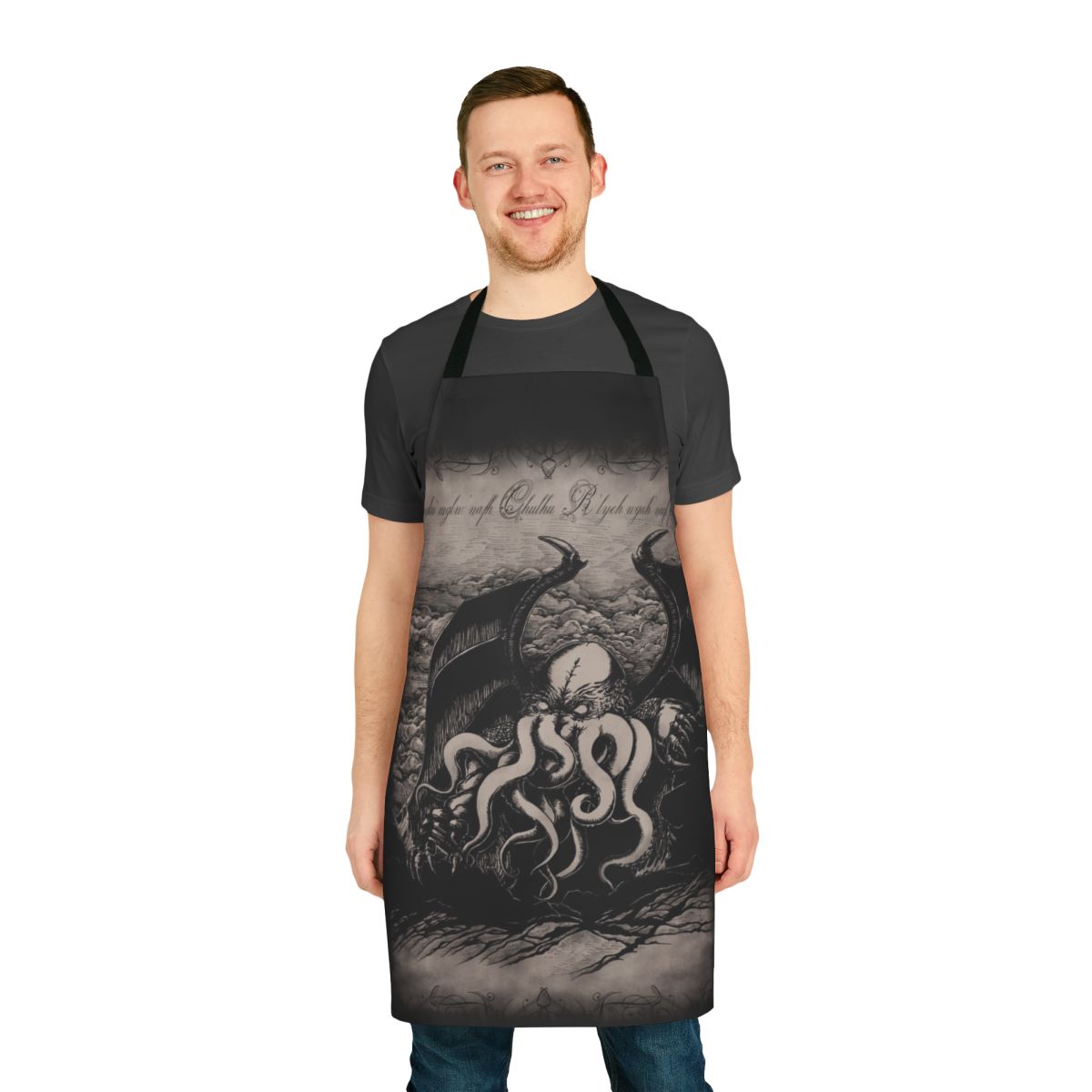 Handmade apron featuring Lovecraftian-inspired design with tentacles, Elder God, and cosmic horror elements.