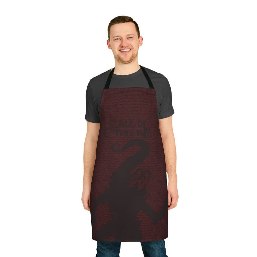Apron featuring the text "The Horror Between The Lines Nyarlathotep" on a dark background, inspired by H.P. Lovecraft's Cthulhu Mythos.