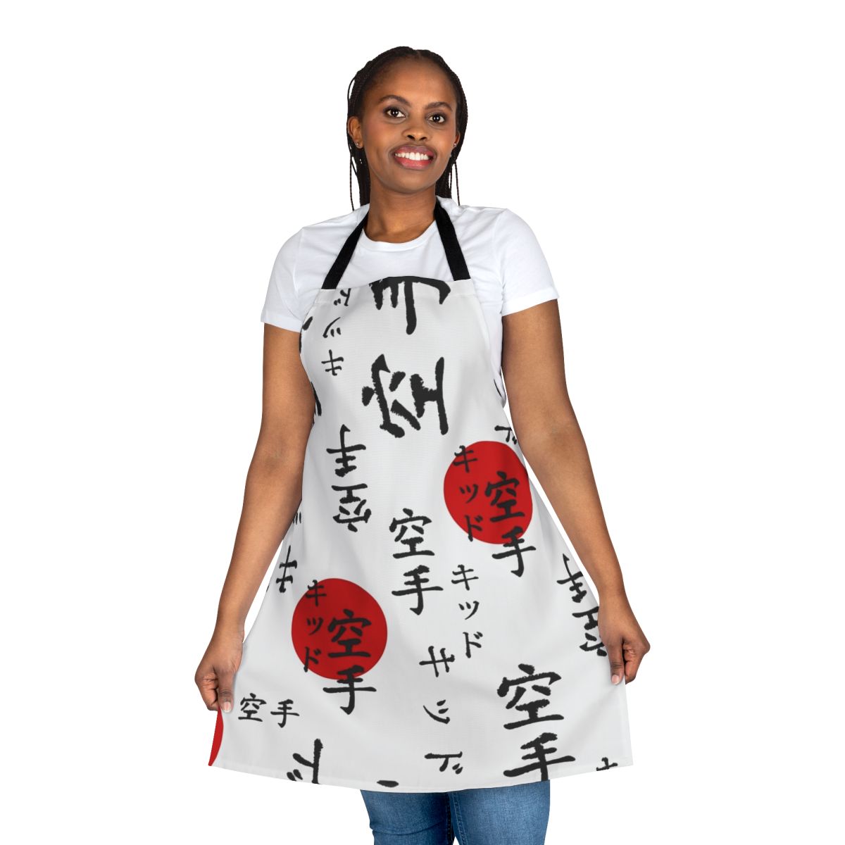 A martial arts-themed apron with Japanese writing and a karate kid design, perfect for fans of stranger things and the karate kid.