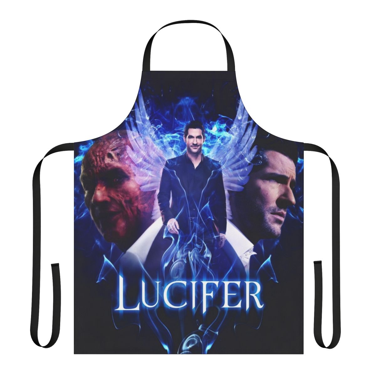 A black and white kitchen apron featuring a design of Lucifer Morningstar, the titular character from the TV show Lucifer, in a battle between his devil and angel personas.