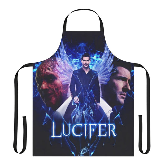 A black and white kitchen apron featuring a design of Lucifer Morningstar, the titular character from the TV show Lucifer, in a battle between his devil and angel personas.