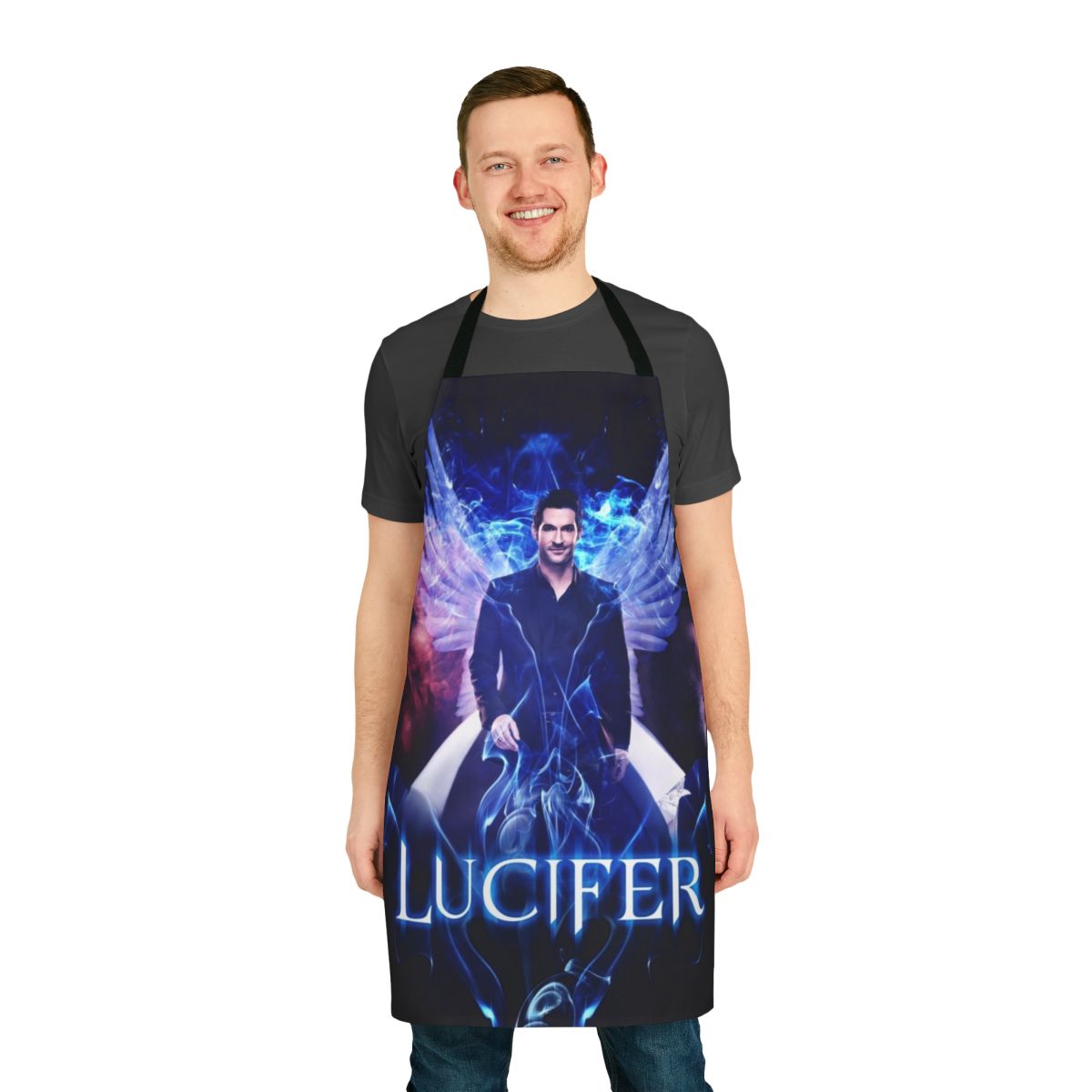 A black and white kitchen apron featuring a design of Lucifer Morningstar, the titular character from the TV show Lucifer, in a battle between his devil and angel personas.