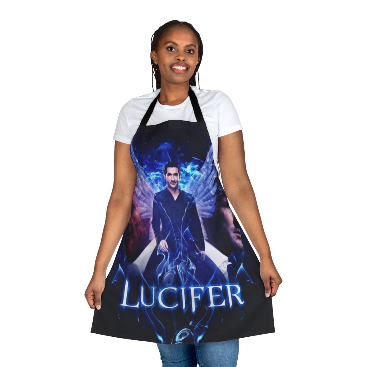 A black and white kitchen apron featuring a design of Lucifer Morningstar, the titular character from the TV show Lucifer, in a battle between his devil and angel personas.