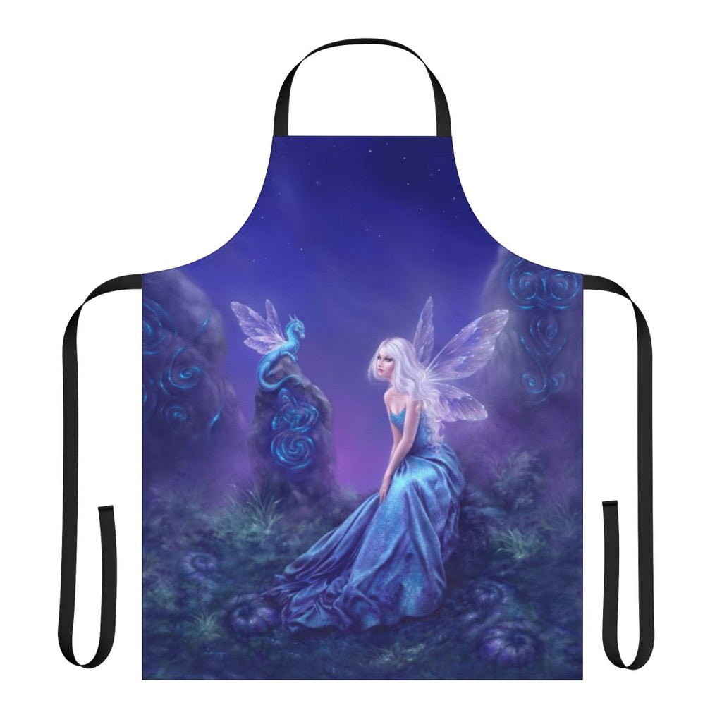 Luminescent fairy dragon art apron featuring a whimsical design with fantasy elements like wings, celtic knots, and standing stones in a moonlit landscape.