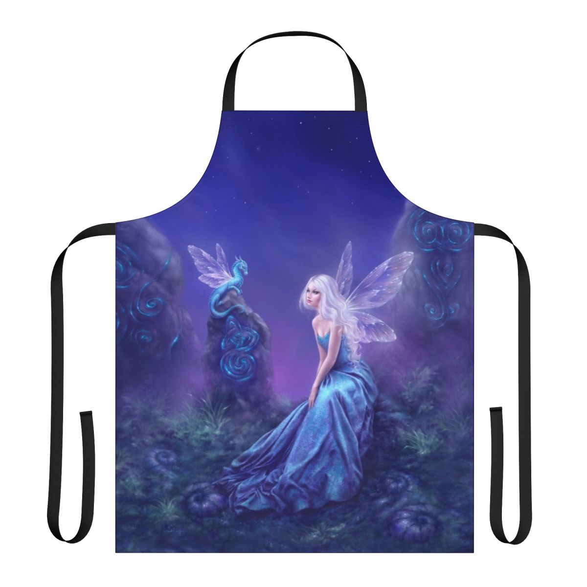 Luminescent fairy dragon art apron featuring a whimsical design with fantasy elements like wings, celtic knots, and standing stones in a moonlit landscape.