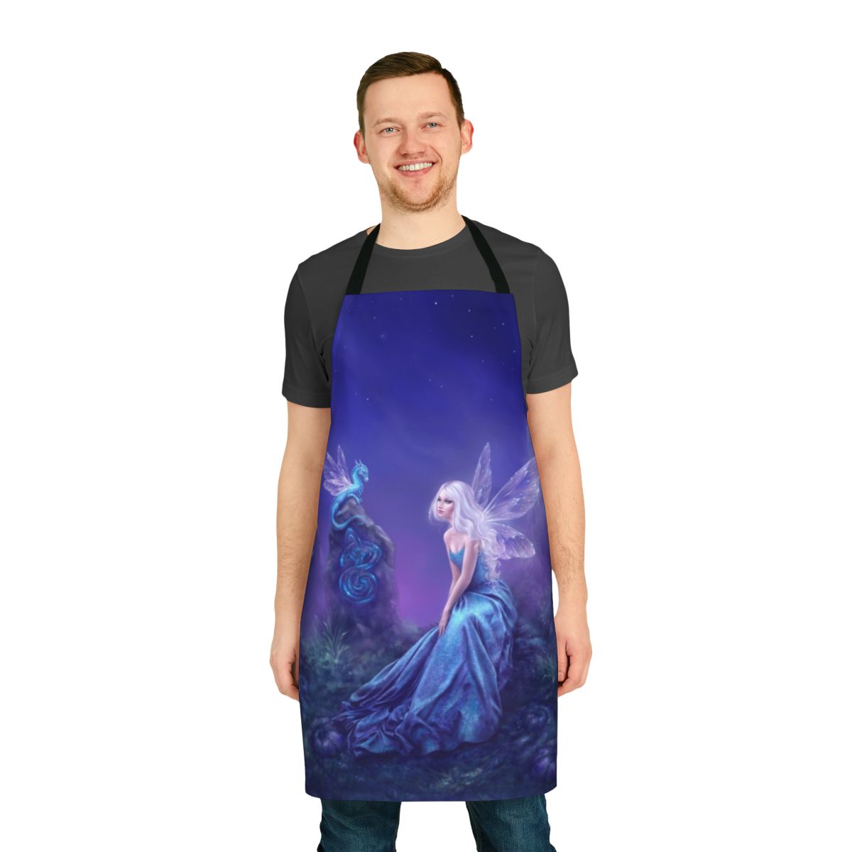 Luminescent fairy dragon art apron featuring a whimsical design with fantasy elements like wings, celtic knots, and standing stones in a moonlit landscape.
