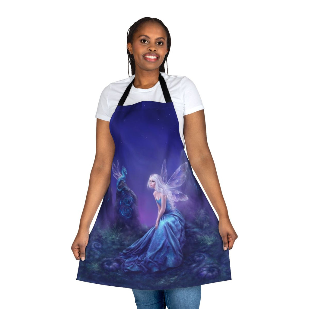 Luminescent fairy dragon art apron featuring a whimsical design with fantasy elements like wings, celtic knots, and standing stones in a moonlit landscape.