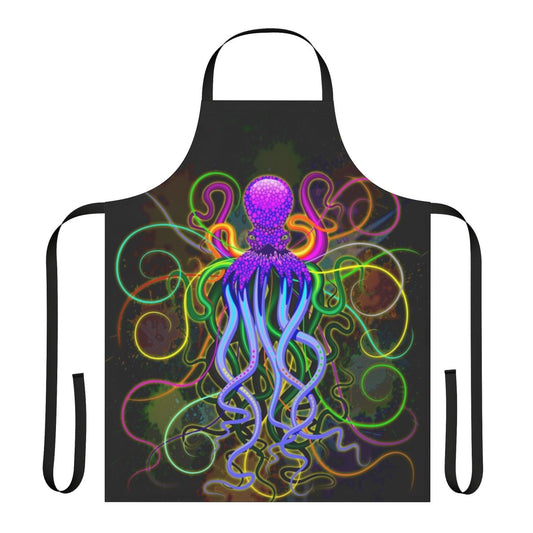 Vibrant, psychedelic octopus design on a kitchen apron, featuring glowing colors and tentacles.