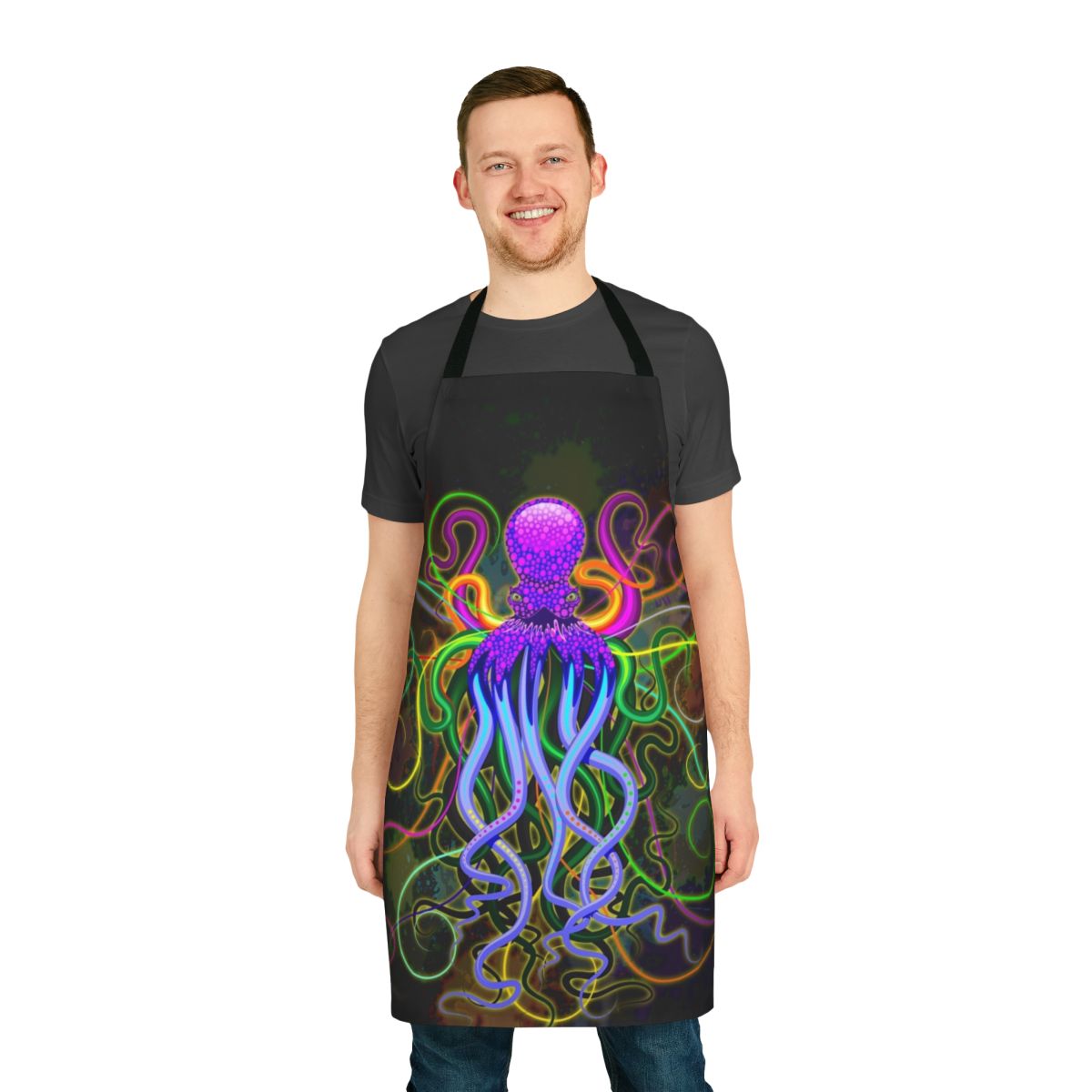 Vibrant, psychedelic octopus design on a kitchen apron, featuring glowing colors and tentacles.