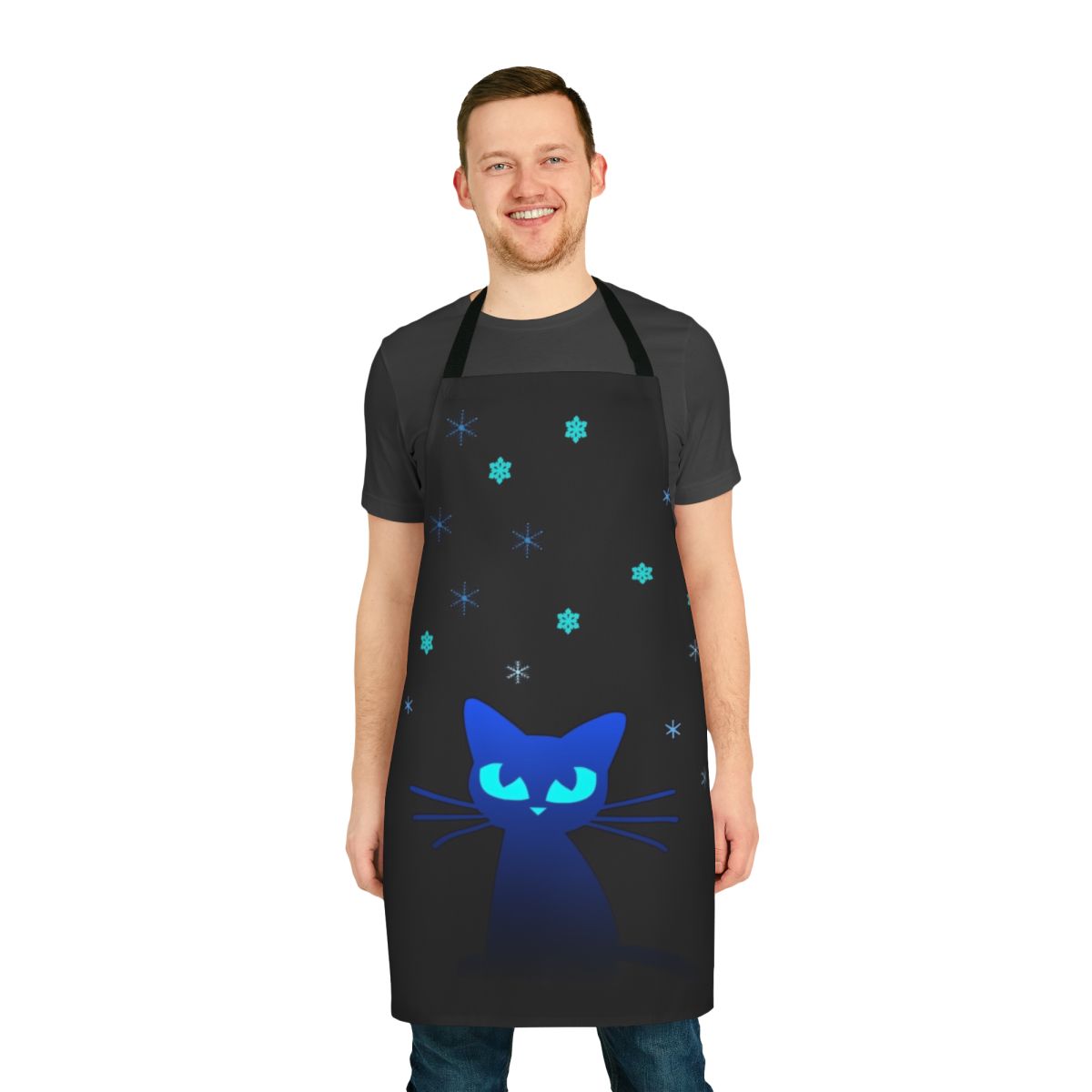 Glowing cat-themed apron with icicles and snowflakes design