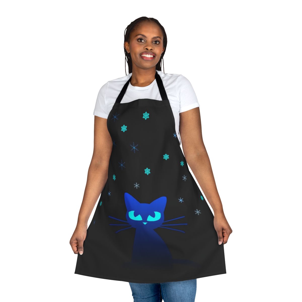 Glowing cat-themed apron with icicles and snowflakes design