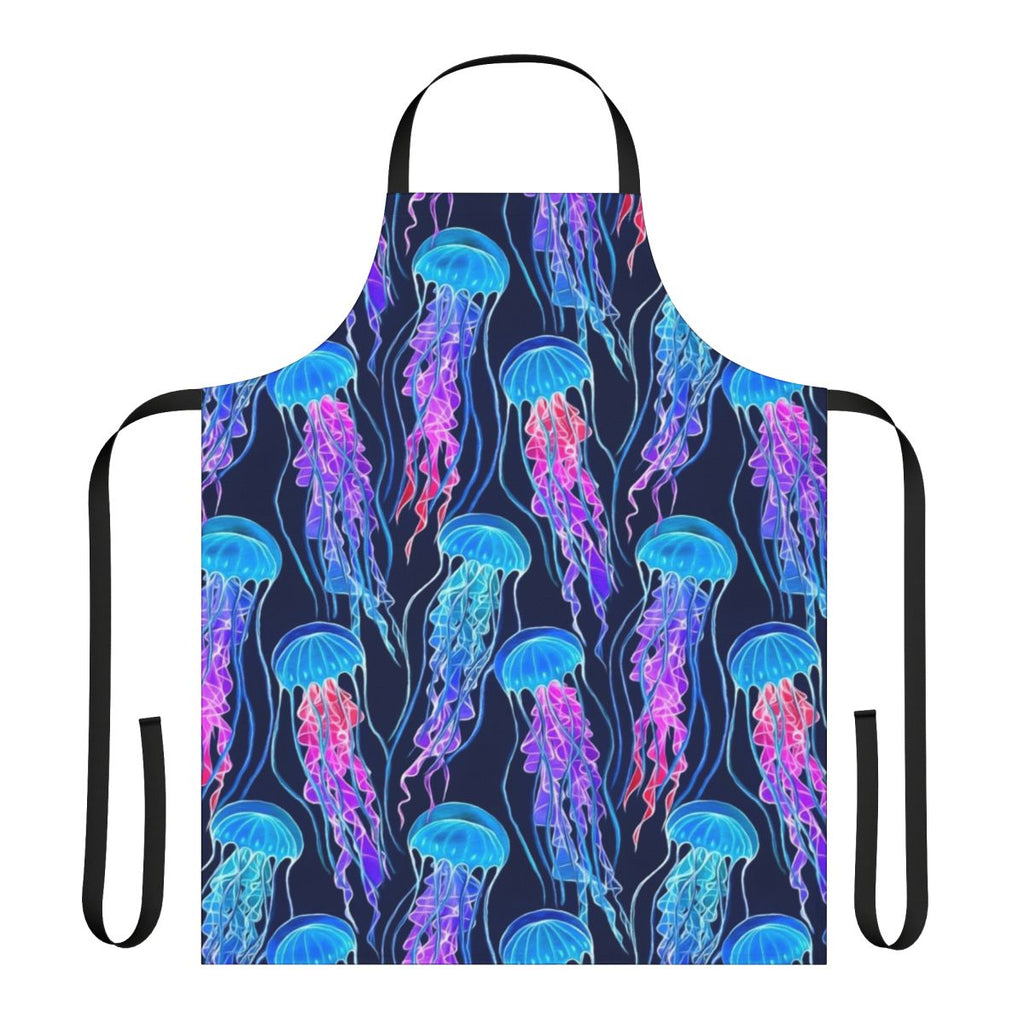 Luminescent jellyfish swimming in an ombre pattern on a navy blue apron