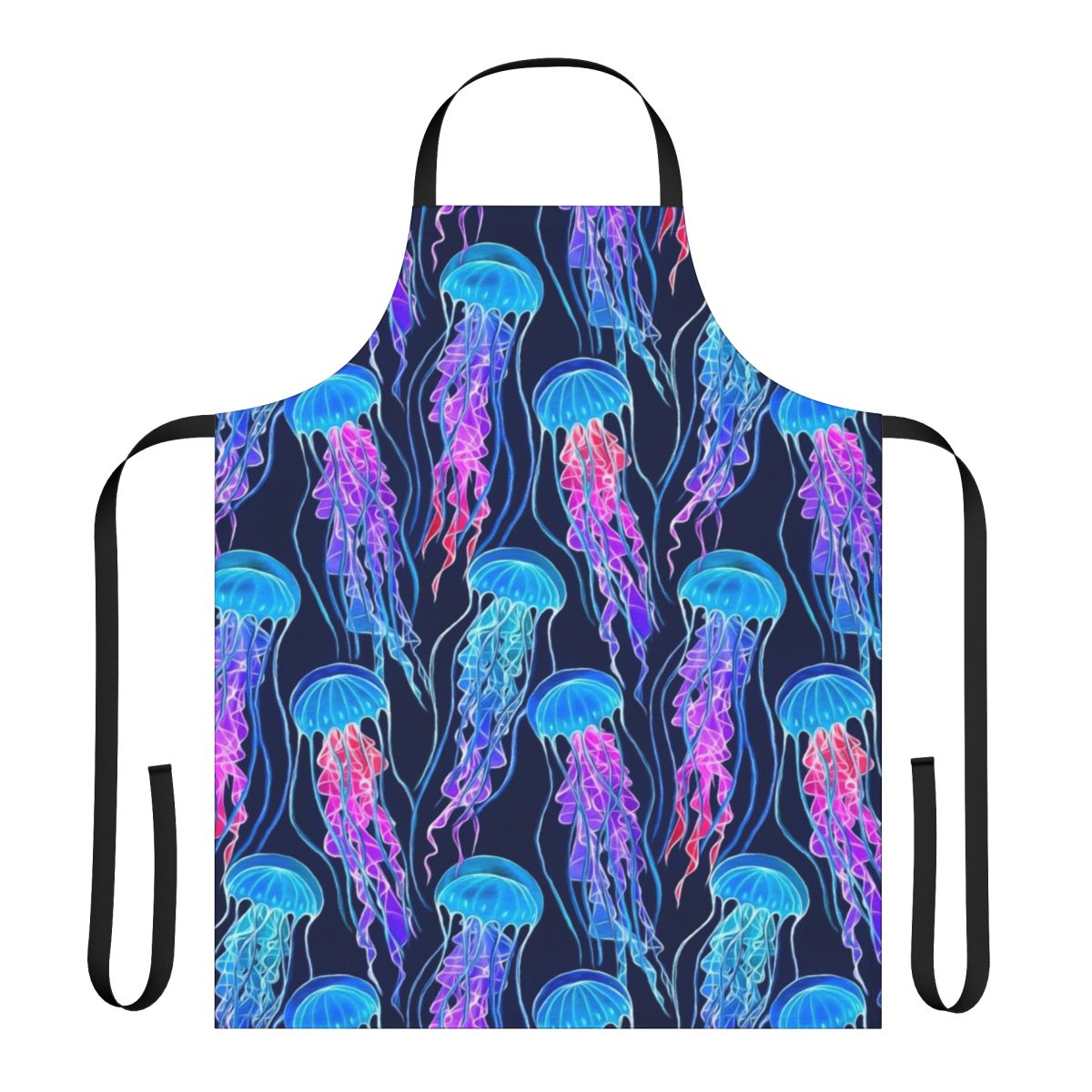 Luminescent jellyfish swimming in an ombre pattern on a navy blue apron